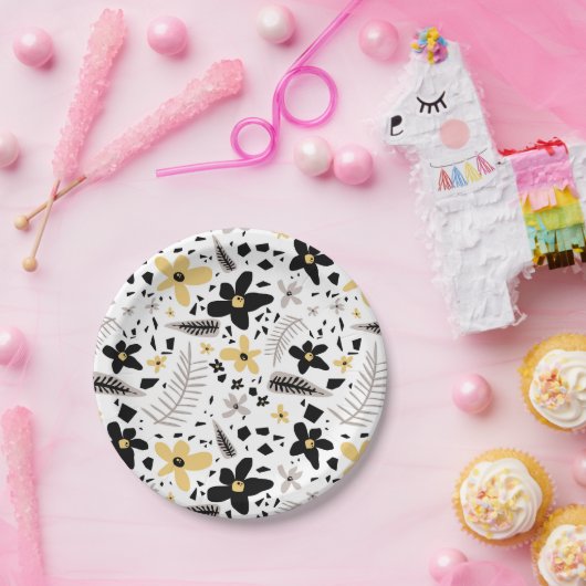 抽象芸術ブラックイエローグレーシームレス花柄 ペーパープレート (パーティー)