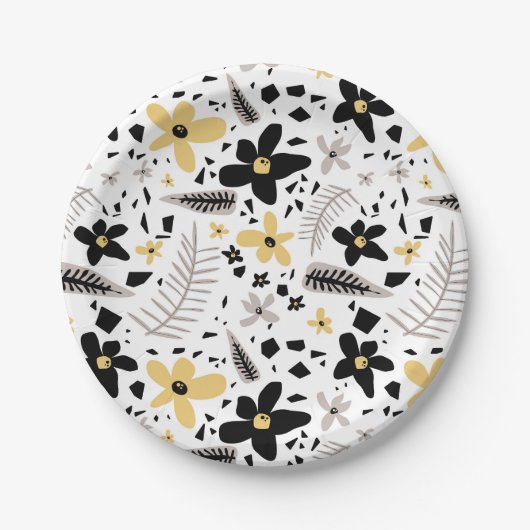 抽象芸術ブラックイエローグレーシームレス花柄 ペーパープレート (正面)