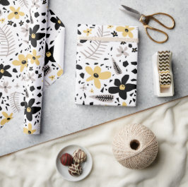 抽象芸術ブラックイエローグレーシームレス花柄 ラッピングペーパー