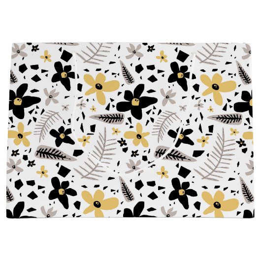 抽象芸術ブラックイエローグレーシームレス花柄 ラージペーパーバッグ (正面)