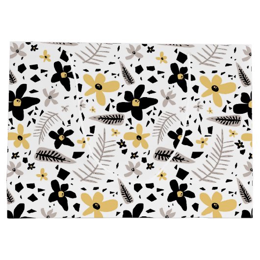 抽象芸術ブラックイエローグレーシームレス花柄 ラージペーパーバッグ