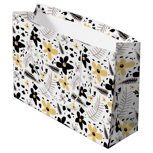 抽象芸術ブラックイエローグレーシームレス花柄 ラージペーパーバッグ (裏面アングル)