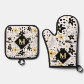 抽象芸術ブラックイエローグレーシームレス花柄 鍋つかみ&鍋敷きセット (正面)