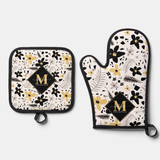 抽象芸術ブラックイエローグレーシームレス花柄 鍋つかみ&鍋敷きセット (正面)