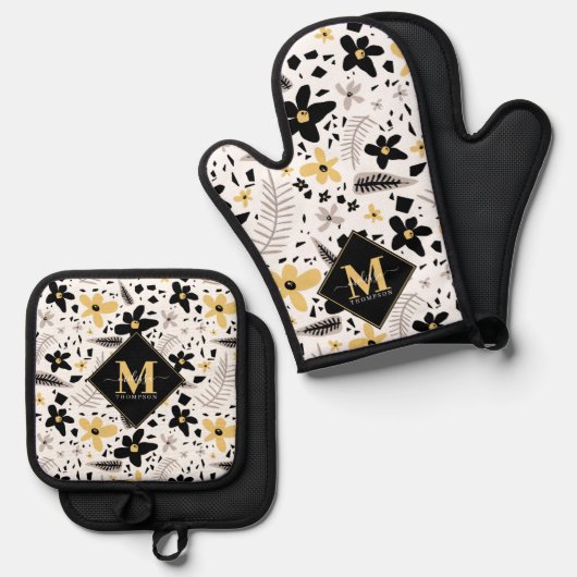 抽象芸術ブラックイエローグレーシームレス花柄 鍋つかみ&鍋敷きセット (正面/裏面)