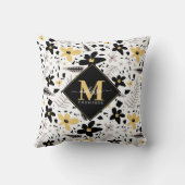 抽象芸術ブラックイエローグレーフローラモノグラーム クッション (裏面)