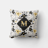 抽象芸術ブラックイエローグレーフローラモノグラーム クッション (正面)