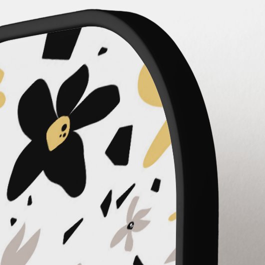 抽象芸術ブラックイエローグレーフローラモノグラーム ピックルボールラケット (左詳細)