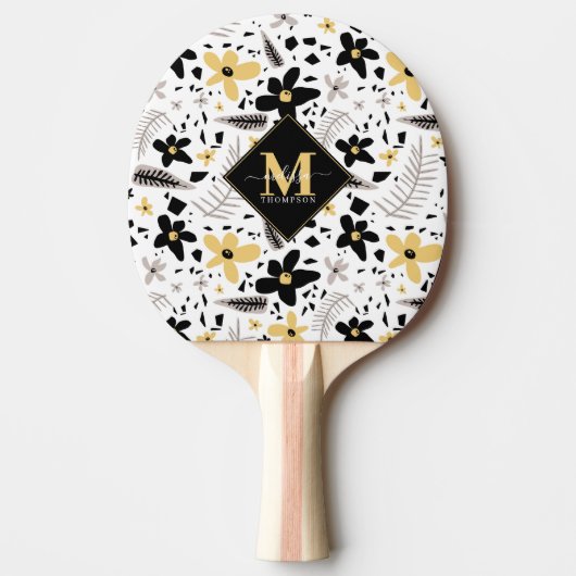 抽象芸術ブラックイエローグレーフローラモノグラーム 卓球ラケット (正面)