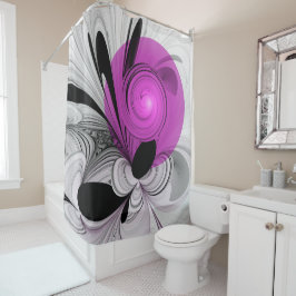 抽象芸術ブラックグレー（マゼンタのフラクタルアート付き） シャワーカーテン