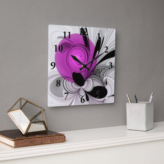 抽象芸術ブラックグレー（マゼンタのフラクタルアート付き） スクエア壁時計 (オフィス)