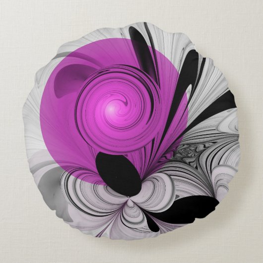 抽象芸術ブラックグレー(マゼンタのフラクタルアート付き) ラウンドクッション (裏面)