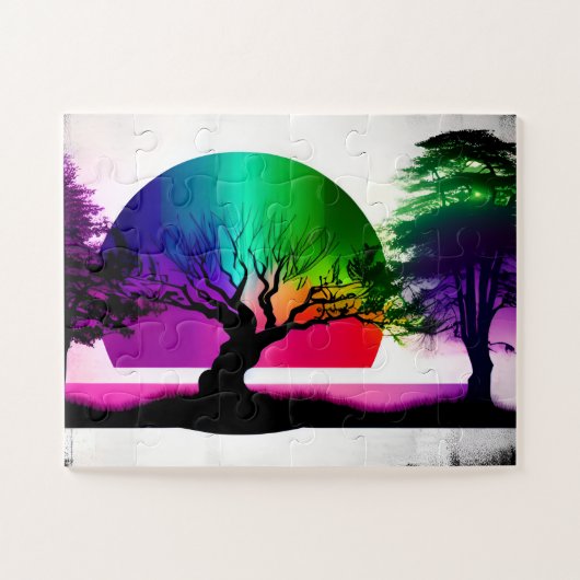 抽象芸術ブラックツリーシルエットの後ろの虹 ジグソーパズル (横)