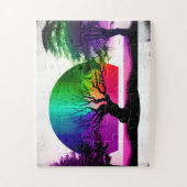 抽象芸術ブラックツリーシルエットの後ろの虹 ジグソーパズル (縦)