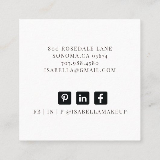 抽象芸術ブラックブラシストローク金ゴールドメイクアップアーティスト スクエア名刺 (裏面)