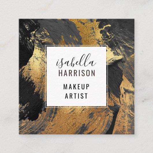 抽象芸術ブラックブラシストローク金ゴールドメイクアップアーティスト スクエア名刺 (正面)