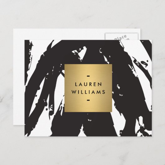 抽象芸術ブラックブラシストローク(金ゴールド名ロゴ付き) ポストカード (正面/裏面)
