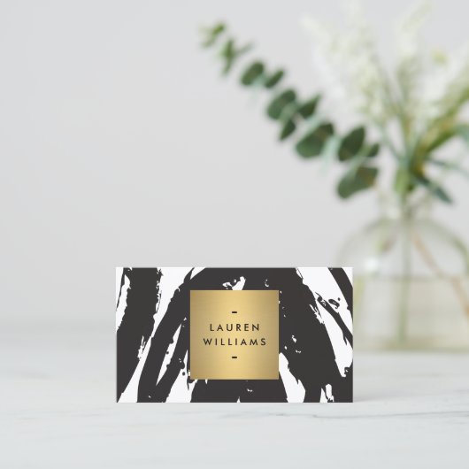 抽象芸術ブラックブラシストローク(金ゴールド名ロゴ付き) 名刺 (スタンド正面)