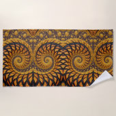 抽象芸術ブラック金ゴールドスパイラルフラクタル ビーチタオル (正面)