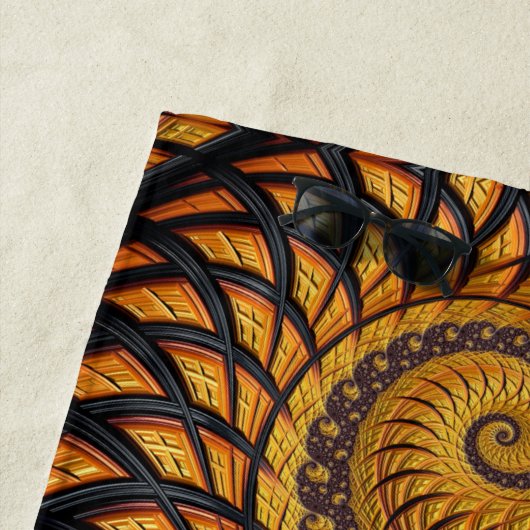 抽象芸術ブラック金ゴールドスパイラルフラクタル ビーチタオル (インサイチュ)