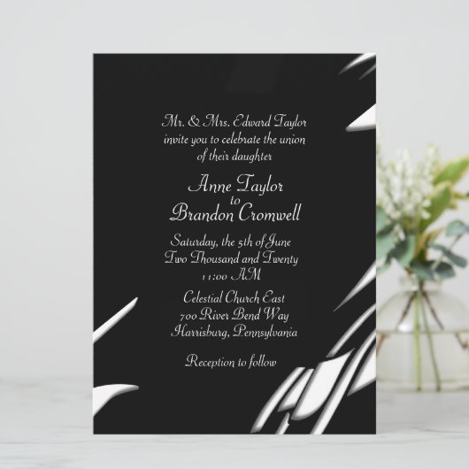 抽象芸術ブラック/ホワイト夕べ結婚式招待状 招待状 (スタンド正面)