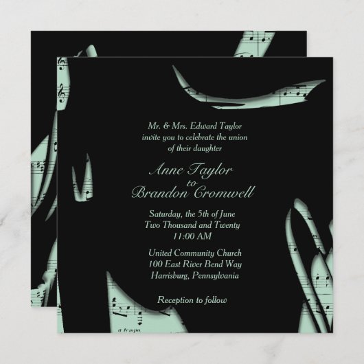 抽象芸術ブラック&ミントミュージック結婚式招待状 招待状 (正面/裏面)