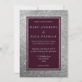 抽象芸術ブルゴーニュ銀グリッターラグジュアリー結婚ズ 招待状 (正面)