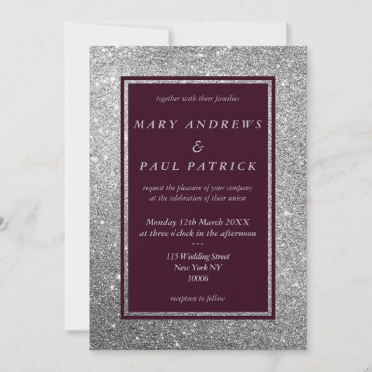 抽象芸術ブルゴーニュ銀グリッターラグジュアリー結婚ズ 招待状 (正面)