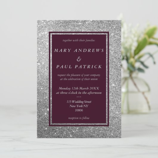 抽象芸術ブルゴーニュ銀グリッターラグジュアリー結婚ズ 招待状 (スタンド正面)