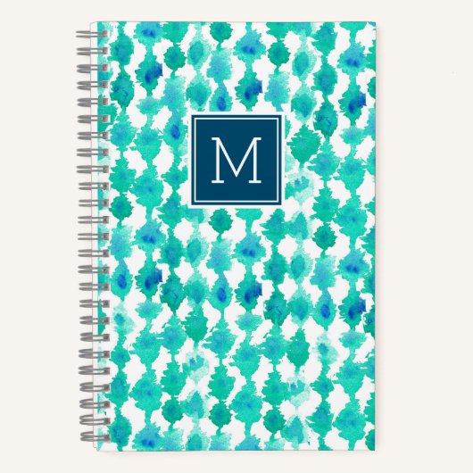 抽象芸術ブルーとアクアウォーターモノグラムの色 ノートブック (正面)