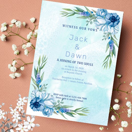 抽象芸術ブルーとグリーンのフローラ結婚式招待状 招待状