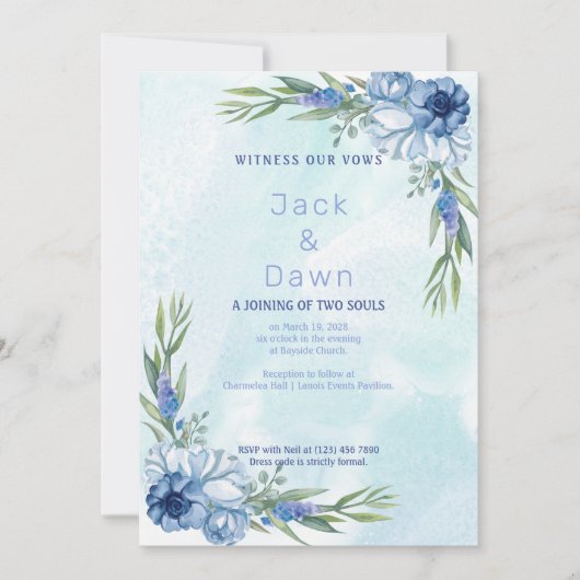 抽象芸術ブルーとグリーンのフローラ結婚式招待状 招待状 (正面)