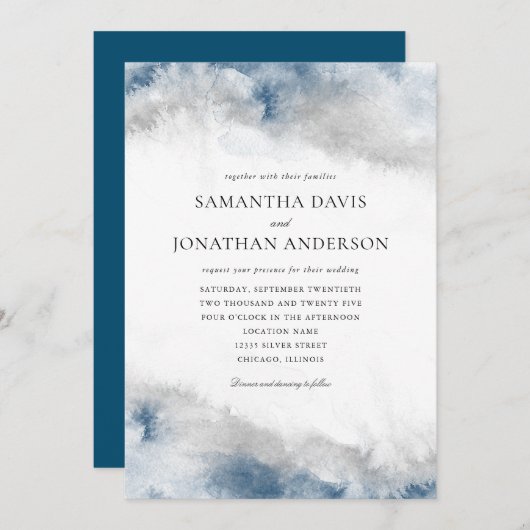 抽象芸術ブルーとグレーの結婚水色 招待状 (正面/裏面)