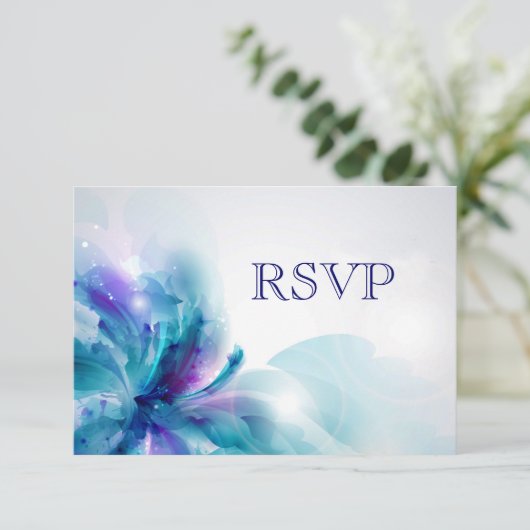 抽象芸術ブルーとパープルのフローラデザインRSVPカード 出欠カード (スタンド正面)
