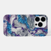 抽象芸術ブルーとパープルアルコールインクの輝き iPhoneケース (裏面横)