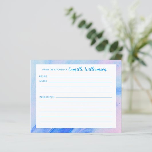 抽象芸術ブルーとピンクのパーソナライズされたレシピカード (スタンド正面)