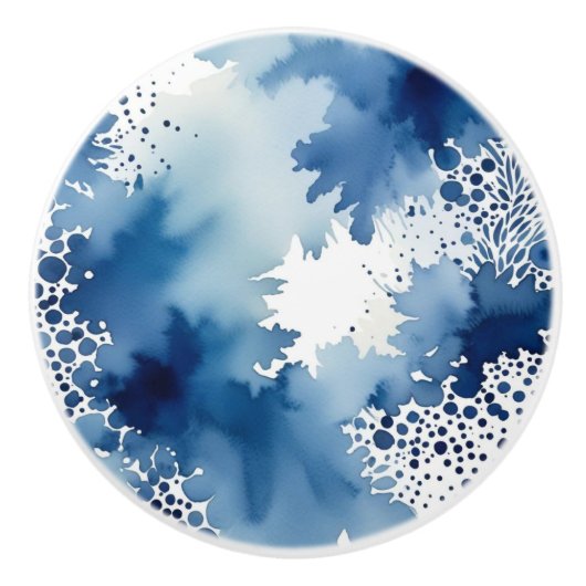 抽象芸術ブルーとホワイトウォーターのカラーデザイン セラミックノブ (正面)