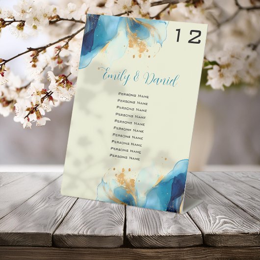 抽象芸術ブルーと金ゴールドの結婚水彩番号 台座サイン