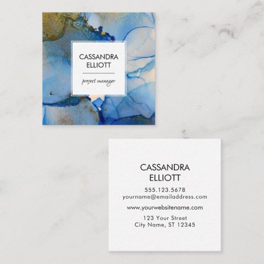 抽象芸術ブルーと金ゴールドアルコールインク液芸術 スクエア名刺 (正面/裏面)