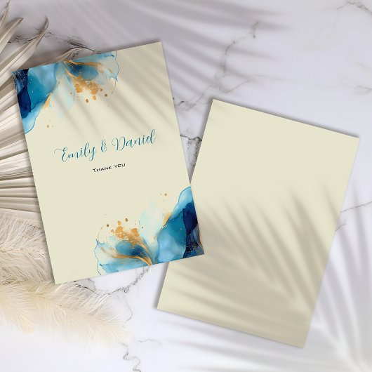 抽象芸術ブルーと金ゴールドウォーター結婚カラー サンキューカード