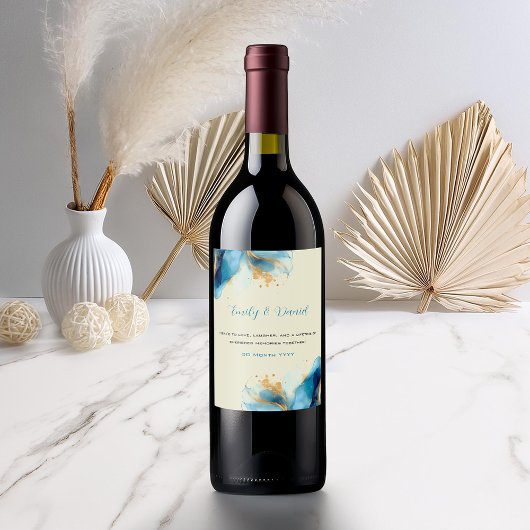 抽象芸術ブルーと金ゴールドウォーター結婚カラー ワインラベル