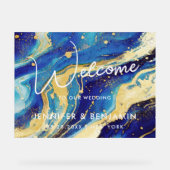 抽象芸術ブルーと金ゴールドカスタムウェディングウェルカム アクリルサイン (正面)