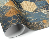 抽象芸術ブルーと金ゴールドハニカム蜂の巣 ラッピングペーパー (ロールコーナー)