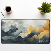 抽象芸術ブルーと金ゴールド水色パーソナライズされた デスクマット