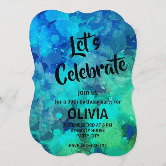 抽象芸術ブルーアルコールインク30歳の誕生日 招待状 (正面/裏面)