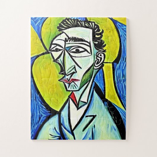 抽象芸術ブルーアンドイエローアートマンおもしろいポートレート ジグソーパズル (縦)