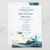 抽象芸術ブルーウェーブカクテルバースデーパーティー 招待状 (正面/裏面)