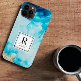 抽象芸術ブルーウォーター色金ゴールドグリッター モノグラムの Case-Mate iPhone 14ケース