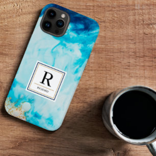 抽象芸術ブルーウォーター色金ゴールドグリッター モノグラムの Case-Mate iPhone 14ケース