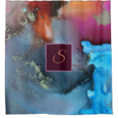 抽象芸術ブルーオレンジレッドウェーブモノグラム シャワーカーテン (正面)